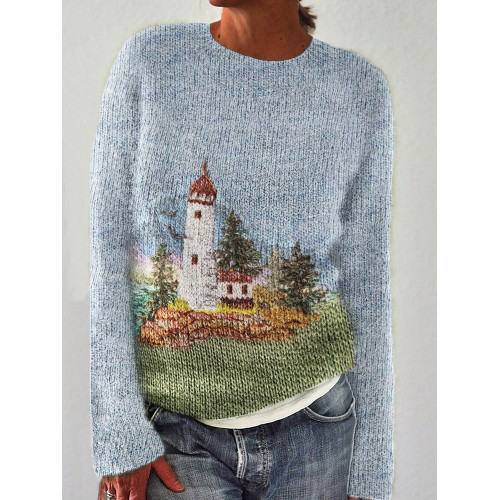 Lighthouse Seascape Knit Art Contrast Cozy Sweater