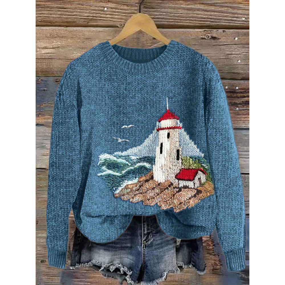 Lighthouse Seascape Knit Art Cozy Knit Sweater