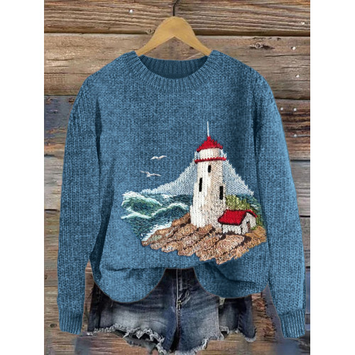 Lighthouse Seascape Knit Art Cozy Knit Sweater