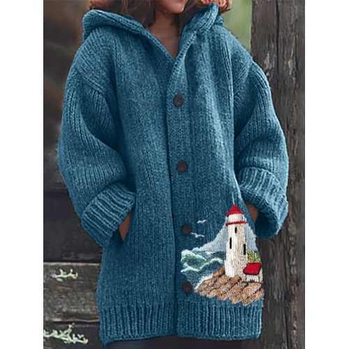 Lighthouse Seascape Knit Cozy Hooded Cardigan
