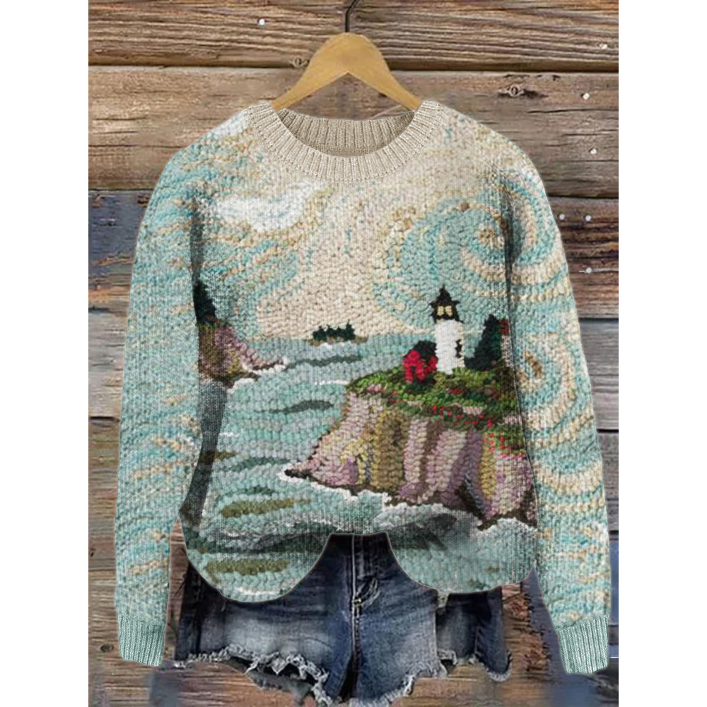 Lighthouse Seascape Punch Needle Art Cozy Sweater