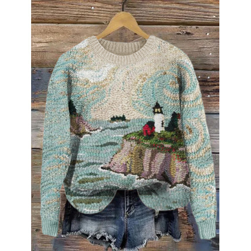 Lighthouse Seascape Punch Needle Art Cozy Sweater