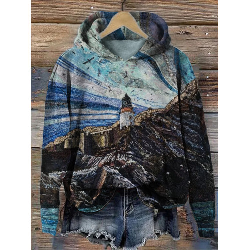 Lighthouse Seascape Textile Art Cozy Hoodie