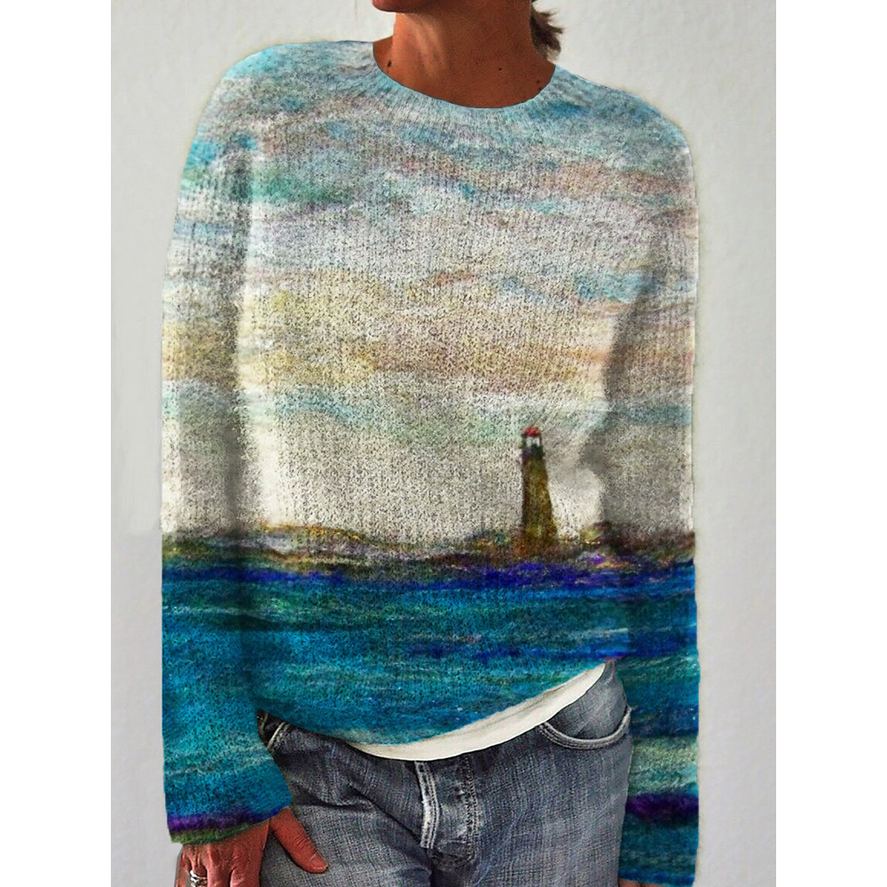Lighthouse Seascape Wool Art Cozy Knit Sweater