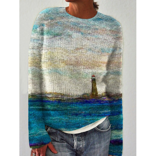 Lighthouse Seascape Wool Art Cozy Knit Sweater