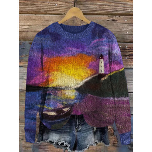 Lighthouse Sunset Seascape Felt Art Cozy Sweater