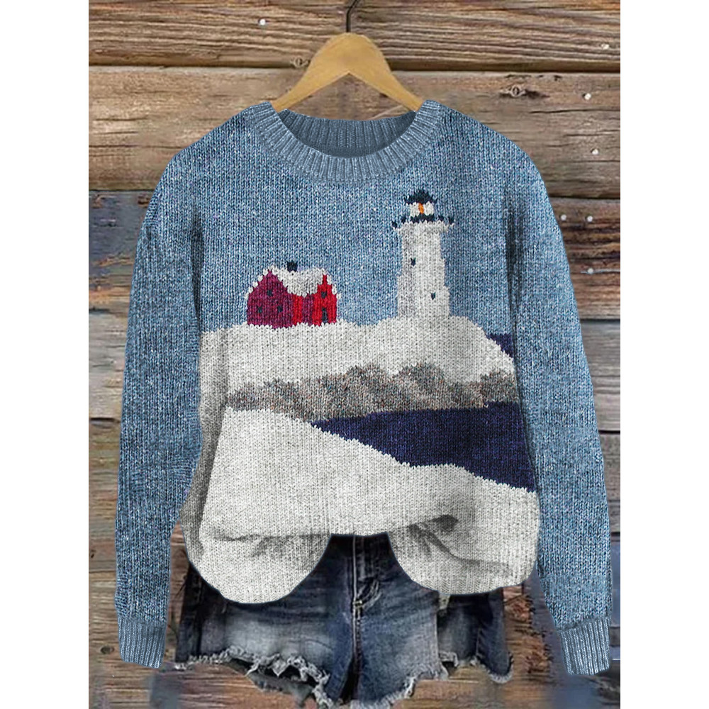 Lighthouse Winter Seascape Knit Art Cozy Sweater