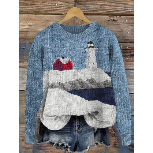 Lighthouse Winter Seascape Knit Art Cozy Sweater