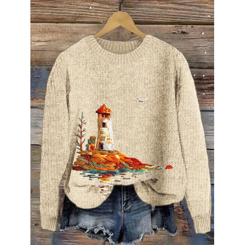 Lighthouse & Landscape Embroidery Pattern Cozy Knit Sweater