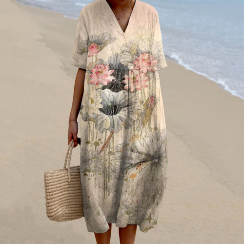 Line Lotus Pattern V-Neck Women'S Dress