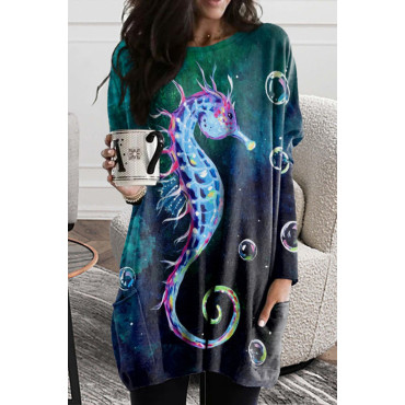 Long Sleeve Casual Seahorse Print Tunic