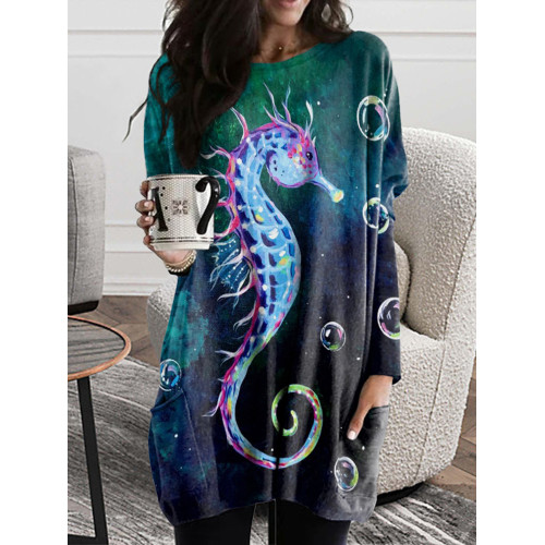 Long Sleeve Casual Seahorse Print Tunic