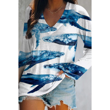 Long Sleeve Whale Print Casual T-Shirt