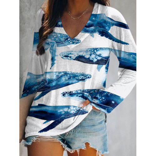 Long Sleeve Whale Print Casual T-Shirt