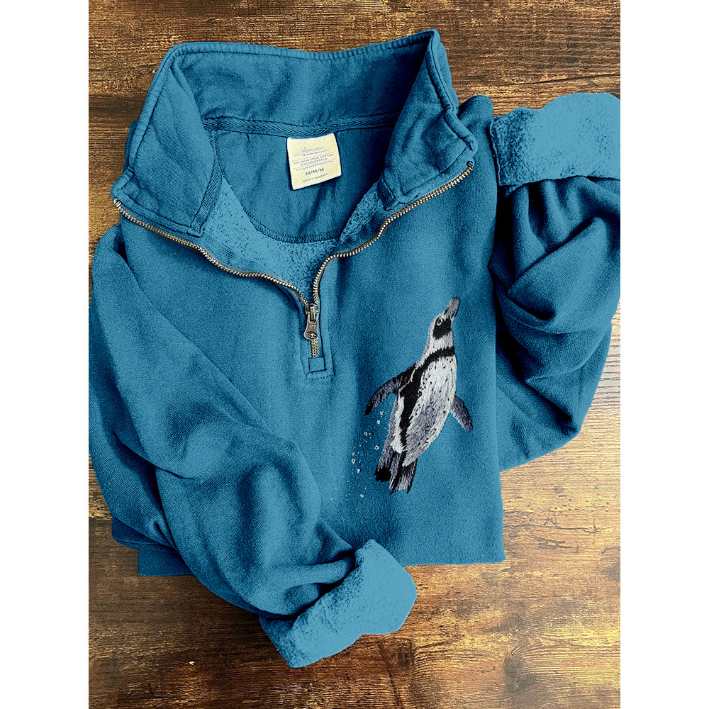 Lovely Penguin Embroidery Art Vintage Zip Up Sweatshirt