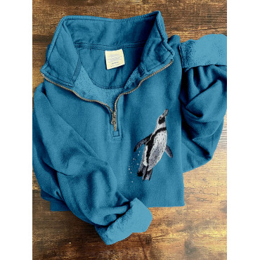 Lovely Penguin Embroidery Art Vintage Zip Up Sweatshirt
