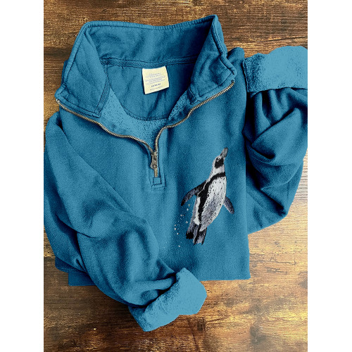 Lovely Penguin Embroidery Art Vintage Zip Up Sweatshirt
