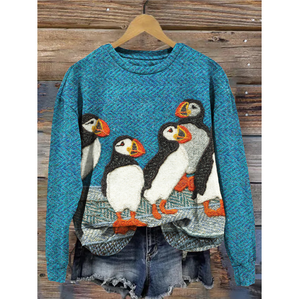 Lovely Puffins Knit Art Vintage Comfy Sweatshirt