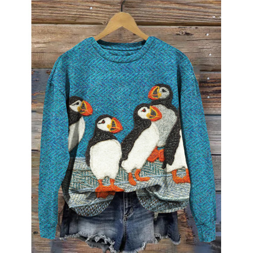Lovely Puffins Knit Art Vintage Comfy Sweatshirt