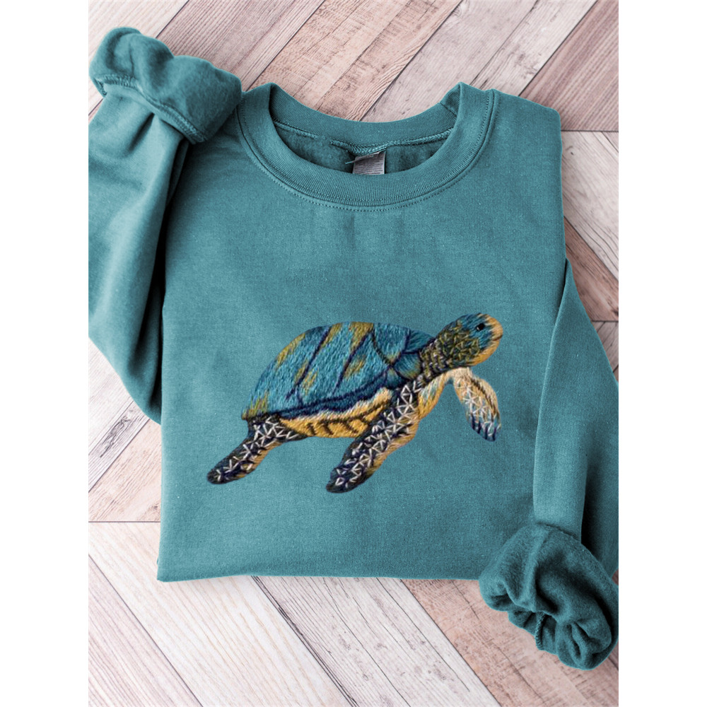 Lovely Sea Turtle Embroidery Art Comfy Sweatshirt