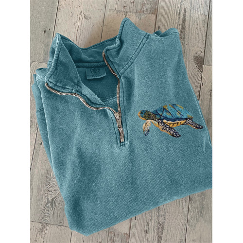 Lovely Sea Turtle Embroidery Art Zip Up Sweatshirt