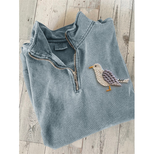 Lovely Seagull Embroidery Art Zip Up Sweatshirt