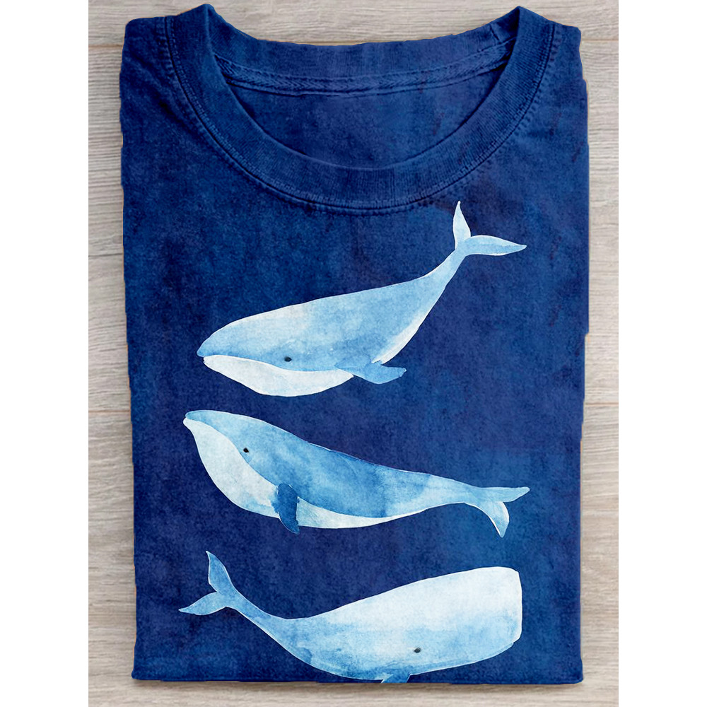 Lovely Whale Art Print Crew Neck Cozy T Shirt