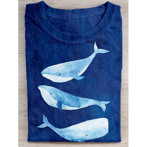 Lovely Whale Art Print Crew Neck Cozy T Shirt