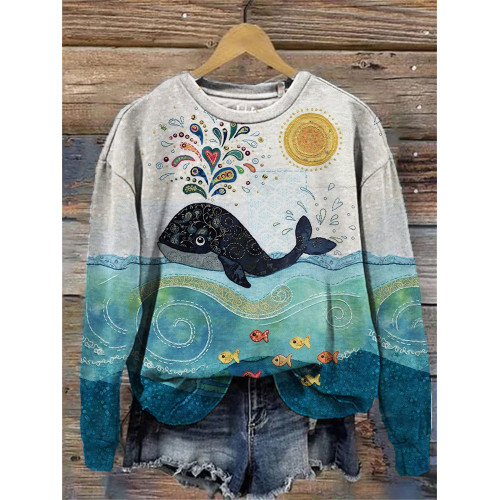 Lovely Whale Fiber Art Cozy Sweatshirt