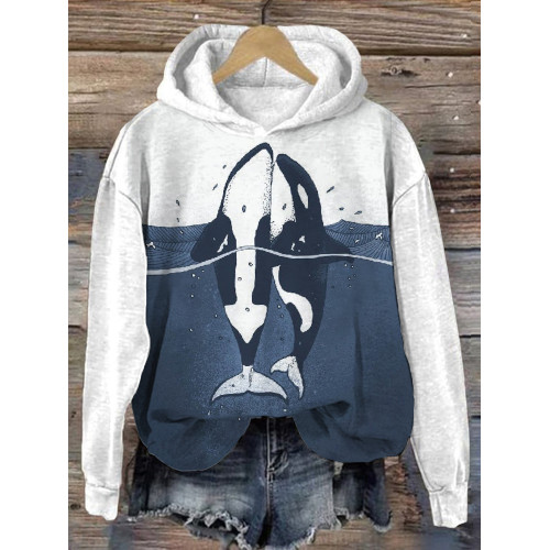 Lovely Whales Art Graphic Vintage Cozy Hoodie