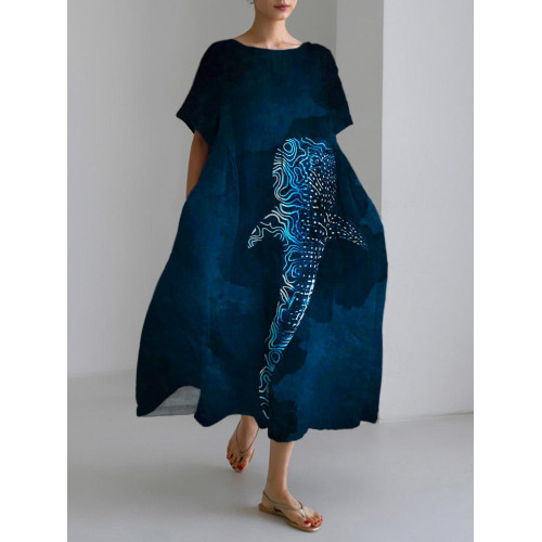 Luminous Line Whale Tie-Dye Print Linen Blend Maxi Dress
