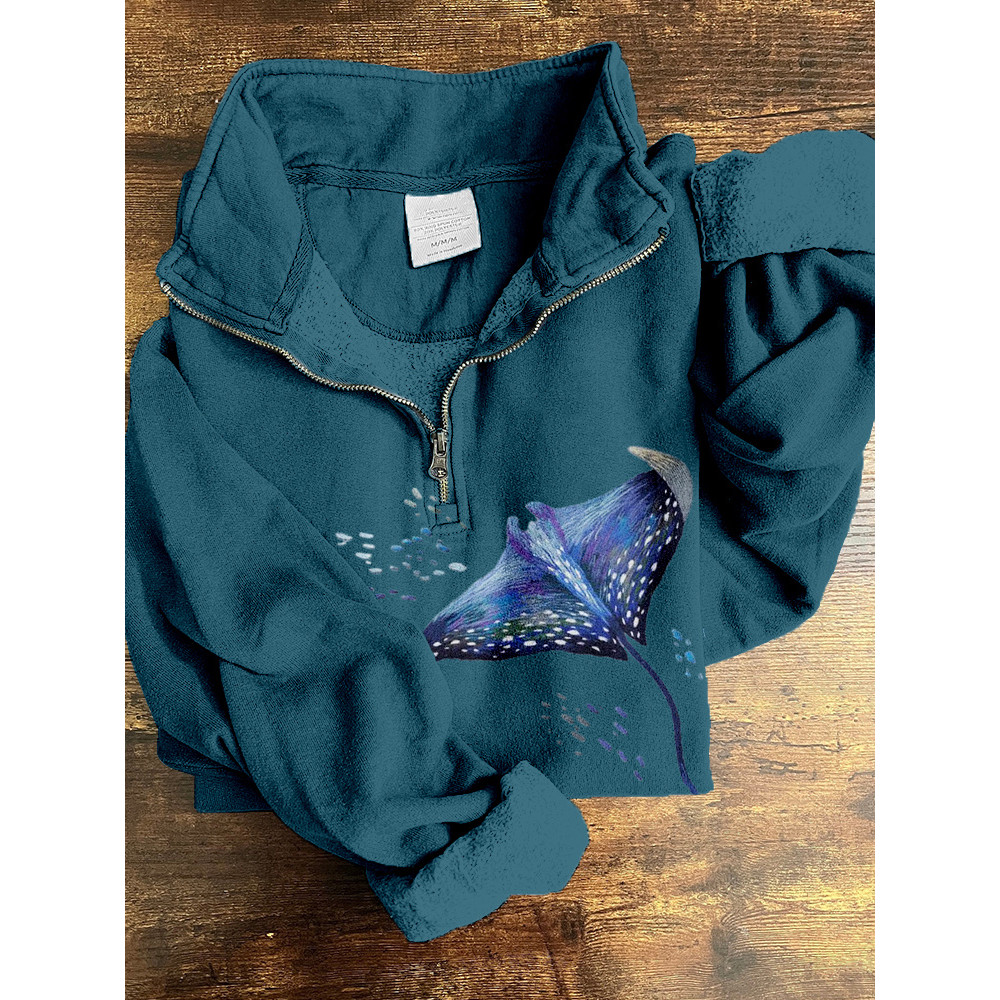 Manta Ray Embroidery Art Pattern Zip Up Cozy Sweatshirt