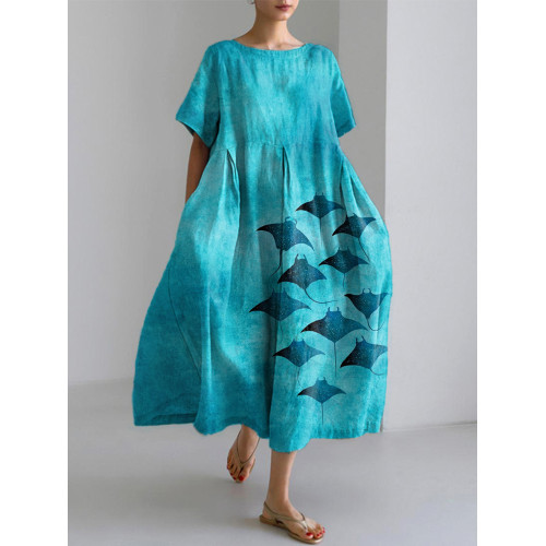 Manta Rays Art Painting Print Cotton Linen Dress
