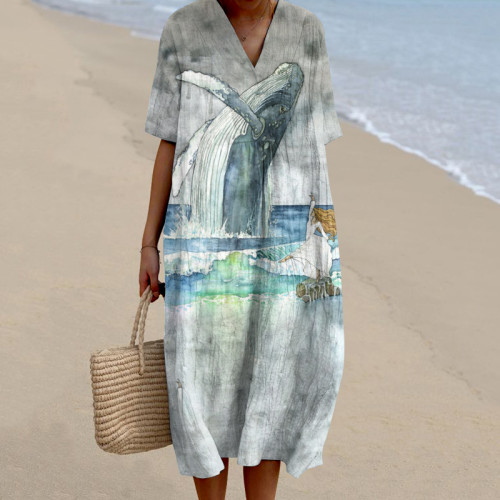 Marine Animal Pattern V-Neck Women'S Dress