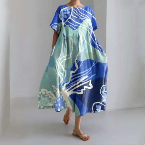 Marine Animal Print Short Sleeve Loose Midi Dress