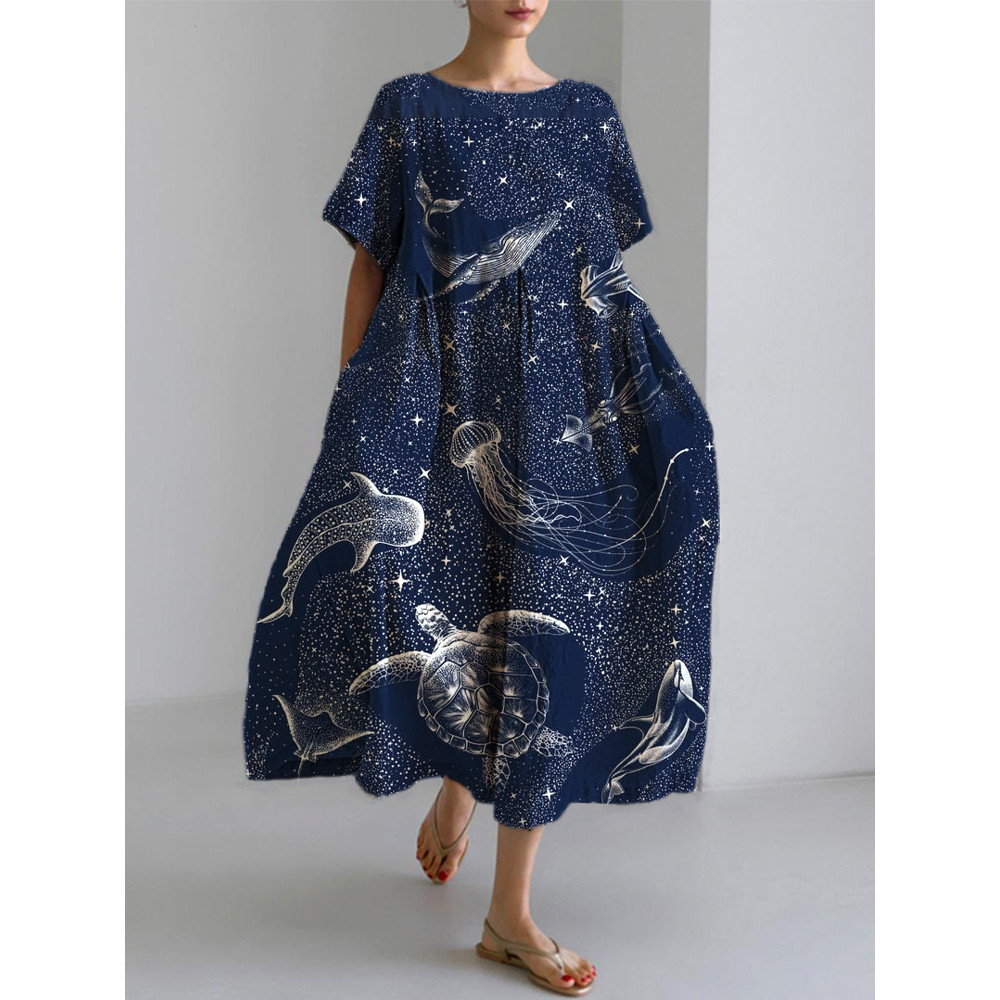 Marine Animals Print Linen Blend Casual Dress