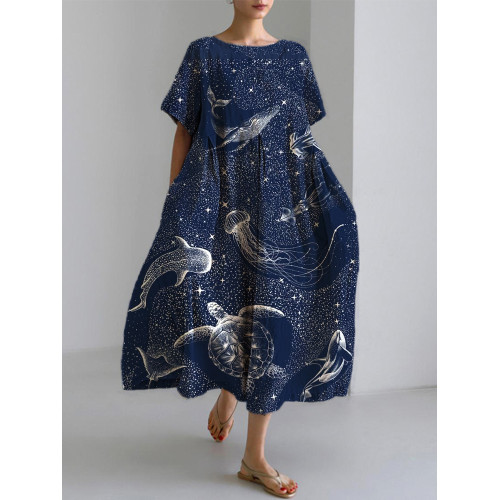 Marine Animals Print Linen Blend Casual Dress