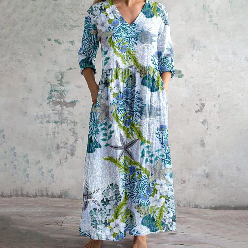 Marine Print V-Neck Loose Midi Dress