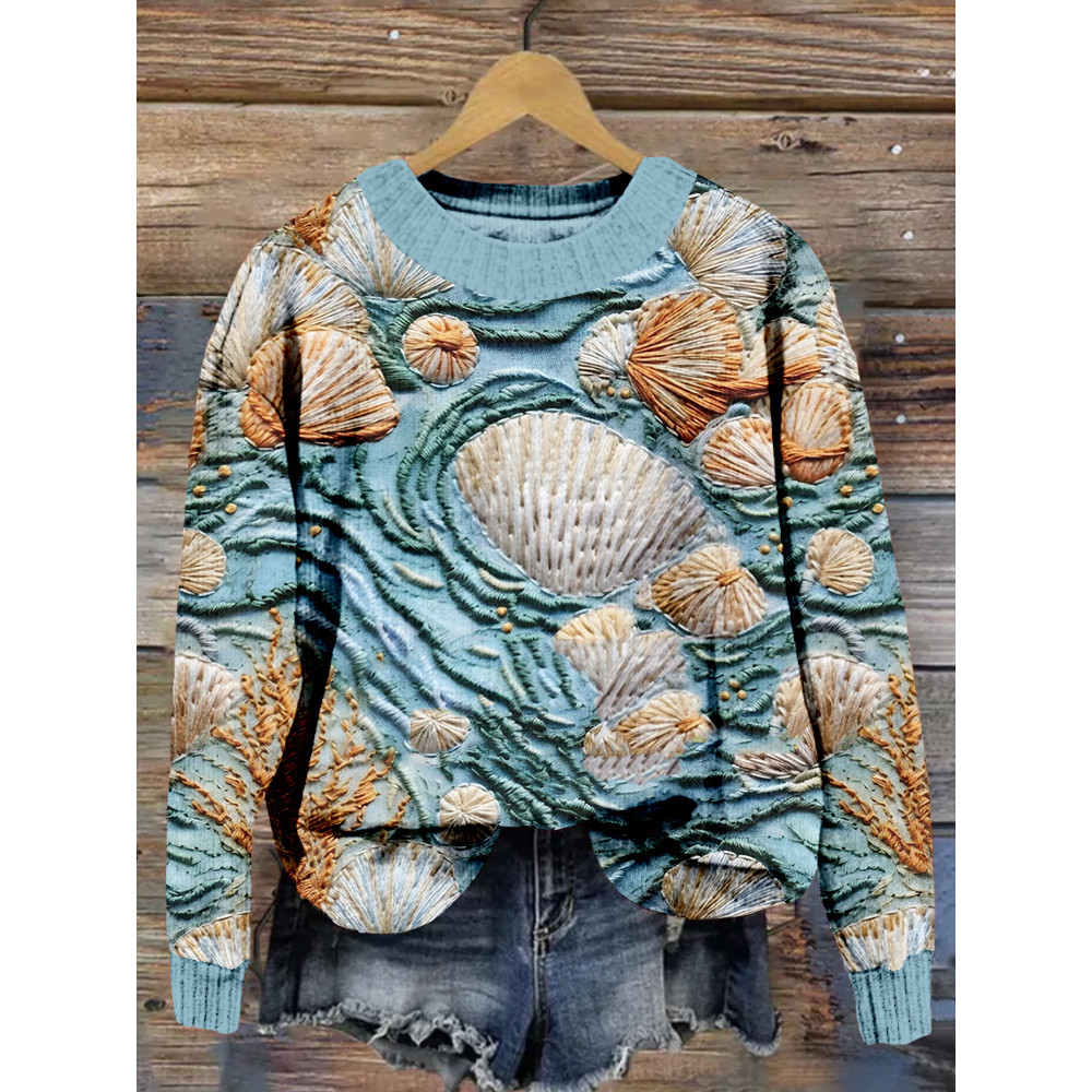 Marine Shell Embroidery Art Cozy Knit Sweater