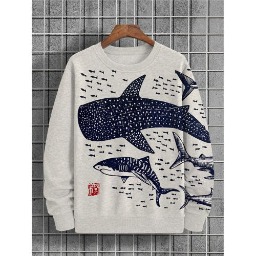 Men's Sharks Sea Japanese Lino Art Print Casual Sweatshirt
