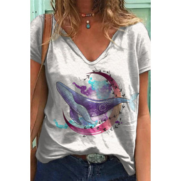 Moon Whale Print V-Neck T-Shirt