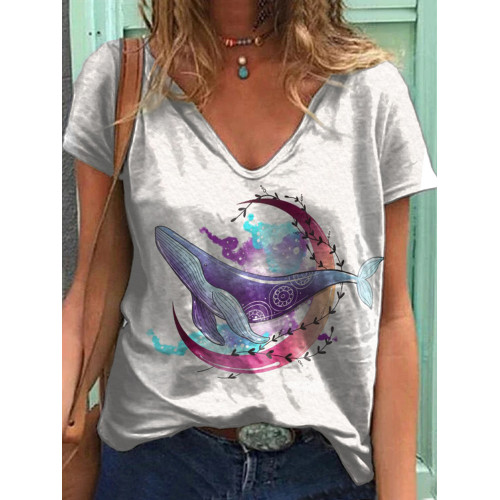 Moon Whale Print V-Neck T-Shirt