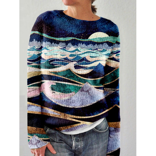 Moonlit Ocean Art Pattern Crew Neck Cozy Sweater