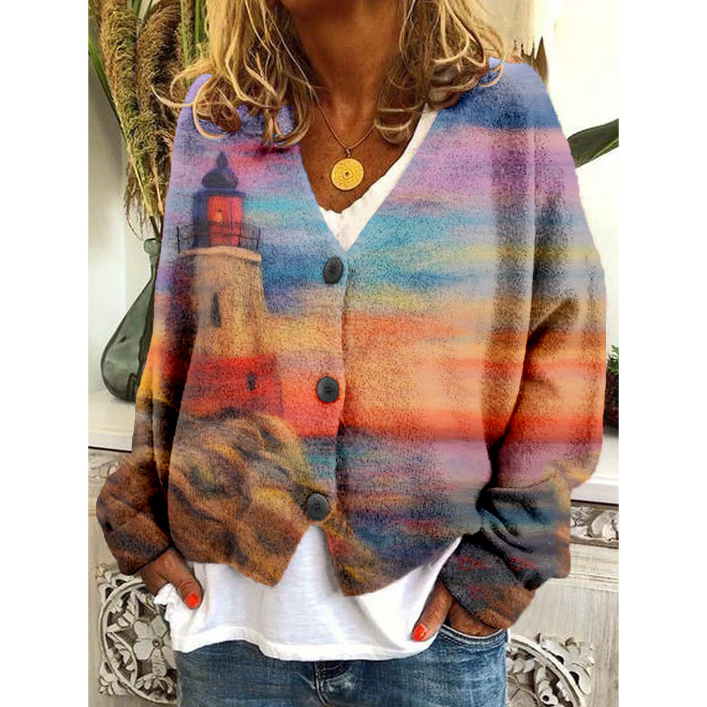 Ocean Beacon Felt Art Pattern Cozy Knit Cardigan