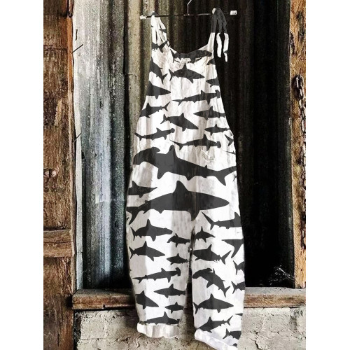 Ocean Black and White Shark Printed Linen Bib Pants