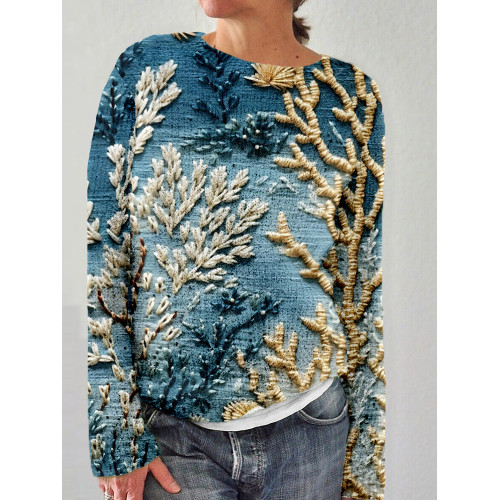 Ocean Coral Embroidery Art Cozy Knit Sweater