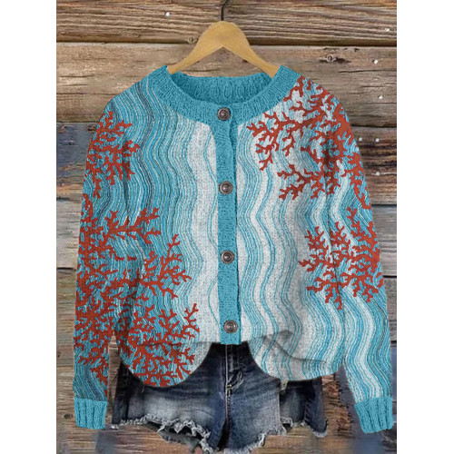 Ocean Coral Reef Pattern Crew Neck Cozy Knit Cardigan