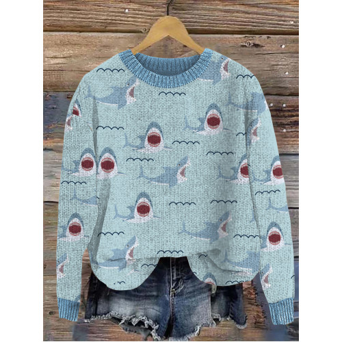 Ocean Cute Shark Print Cozy Knit Sweater