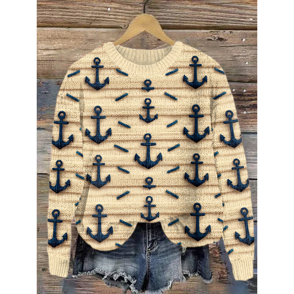 Ocean Embroidery Art Cozy Knit Sweater