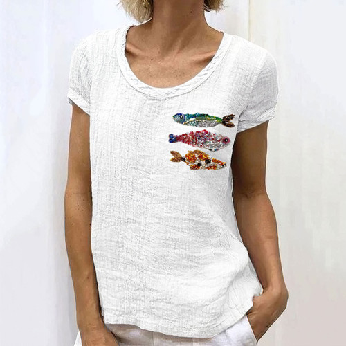 Ocean Fish Embroidery Art Cotton And Linen T-Shirt
